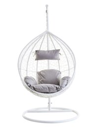 Orsina Stylish White Hanging Chair, Plush Comfort Lounge Chair, Stable Lawn Chair, Modern Chair with grey cushions