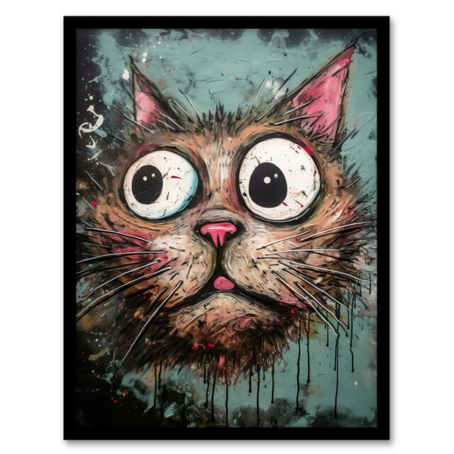 Graffiti Street Art Bug Eyed Cat Home Decor Black Framed Wall Art Print A4