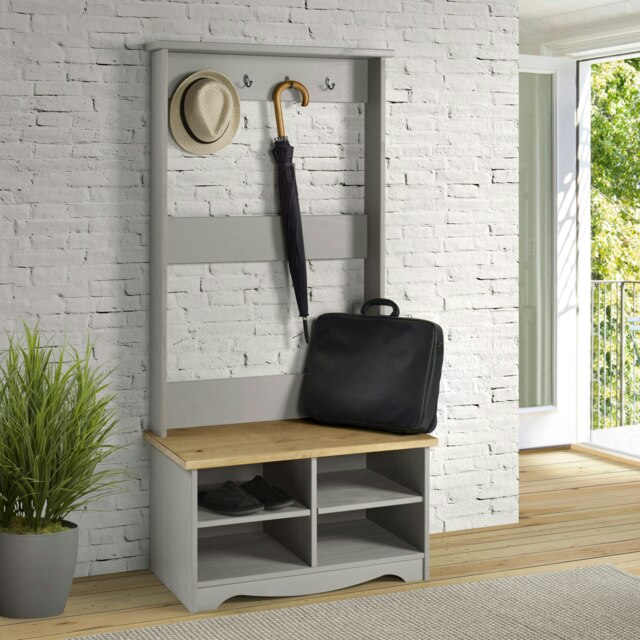 Corona Hall Bench with Grey Washed and Antique Wax Finish – 4 Hanging Rails and 4 Shoe Shelves Grey Grey One Size 1
