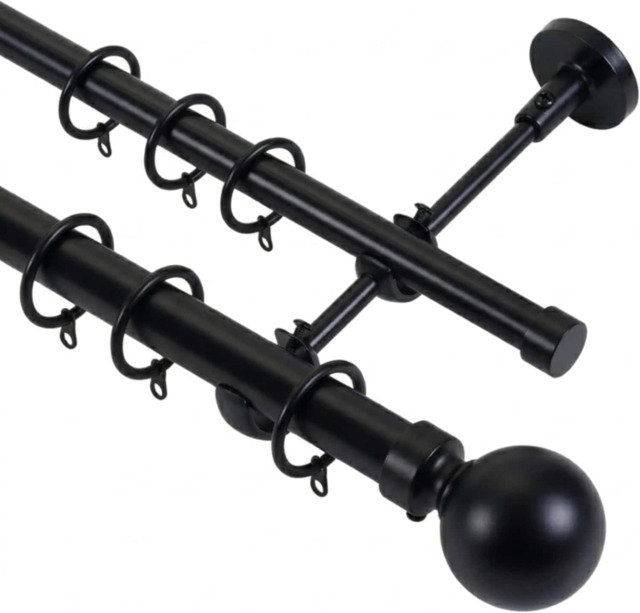 Lister Cartwright Double Curtain Fixed Pole Set with Obsidian Black Ball Finials - 19mm and 28mm Metal Poles(120 cm)