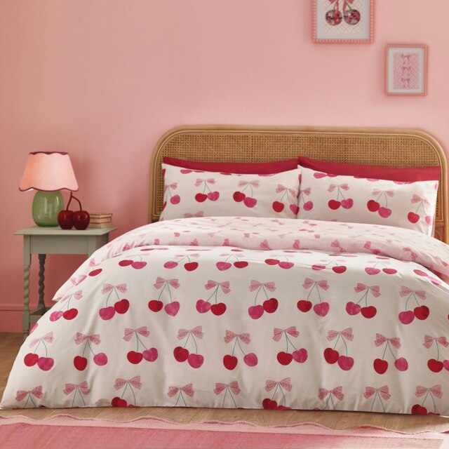 Catherine Lansfield Cherries and Bows Reversible Duvet Cover Set Pink Pink Single