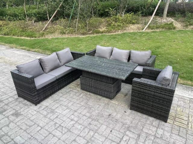 Fimous Wicker PE Garden Furniture Rattan Sofa Set Outdoor Adjustable Rising Lifting Dining Table Set with Armchair 7 Seater Dark Grey Mixed