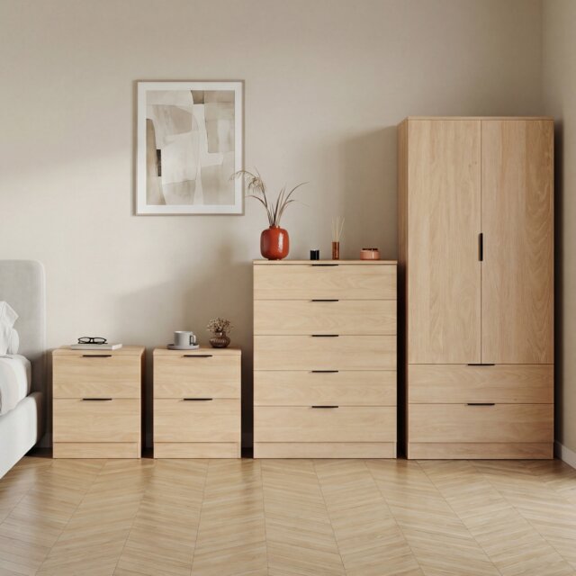 Vida Designs Trega 4 Piece Bedroom Set (2 Drawer Bedside Chest x2, 5 Drawer Chest, 2 Door 2 Drawer Wardrobe) Pine