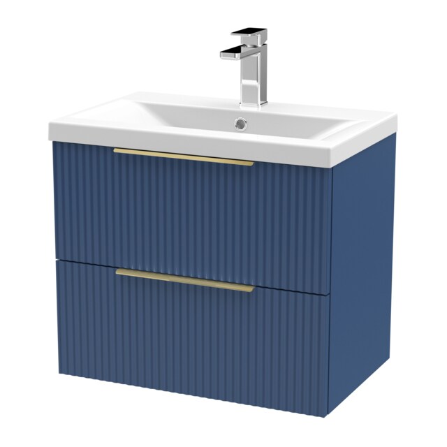 Balterley Fluted Front Wall Hung 2-Drawer Bathroom Vanity Unit with 1 Tap Hole Basin, Handles Blue Satin Blue