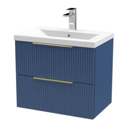 Balterley Fluted Front Wall Hung 2-Drawer Bathroom Vanity Unit with 1 Tap Hole Basin, Handles Blue Satin Blue