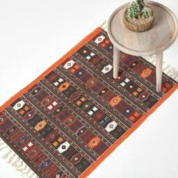 Homescapes Terracotta, Black and Brown Cotton Kilim Rug - 70 x 120 cm Multi Terracotta, black & brown printed design