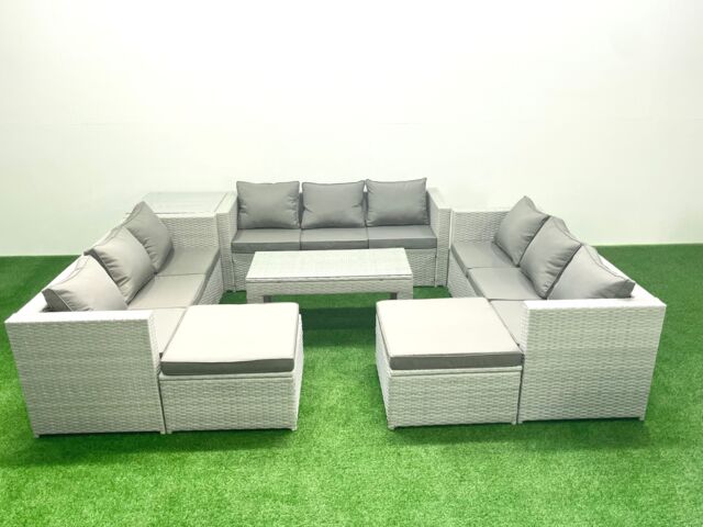 Fimous Rattan Garden Outdoor Furniture Set 11 Seater Garden Sofa Oblong Coffee Table Set with 2 Big Footstools Side Table Light Grey Mixed