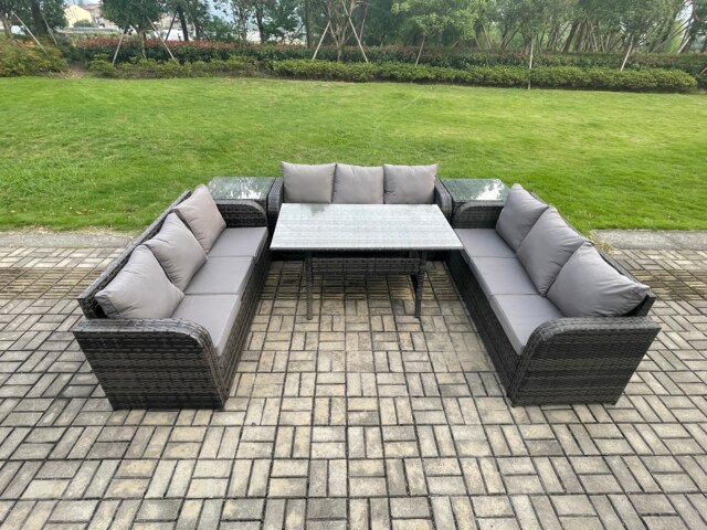 Fimous Rattan Garden Furniture Set with Oblong Rectangular Dining Table 2 Side Tables 9 Seater Outdoor Lounge Sofa Set Dark Grey Mixed