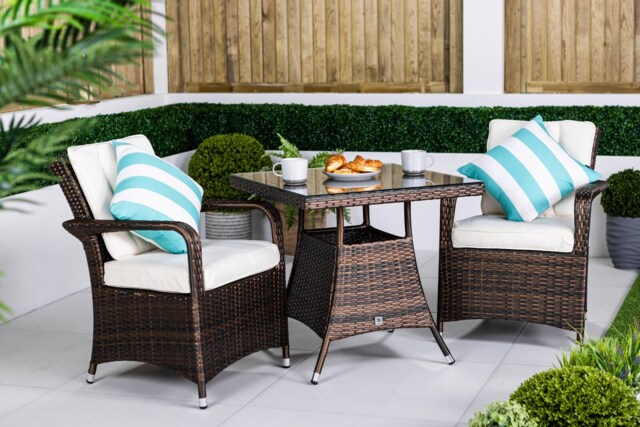Arizona Square Rattan Garden Bistro Table and Chairs Set 2 Seater Brown Brown