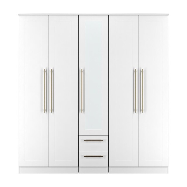 Helmsley Tall 5 Door 2 Drawer Single Mirror Wardrobe in White Ash (Ready Assembled) White White Ash