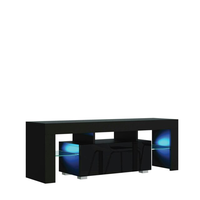 TV Unit 130cm Black Gloss Door Black Matt Body with Glass Shelves Free LED Black One Size 1