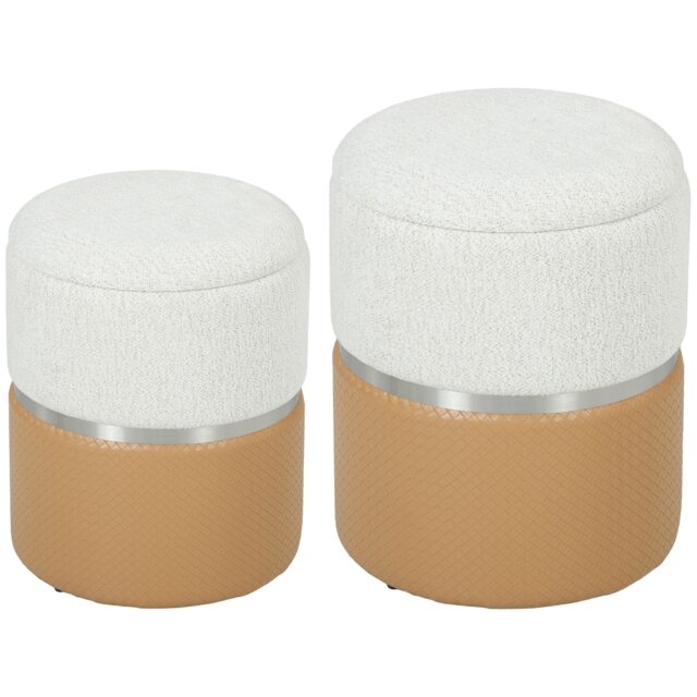 HOMCOM Round Storage Ottoman Set of 2, Nesting Footrest Stool Brown Cream and Brown Large: 36 x 45 cm, Small: 31.5 x 39 cm