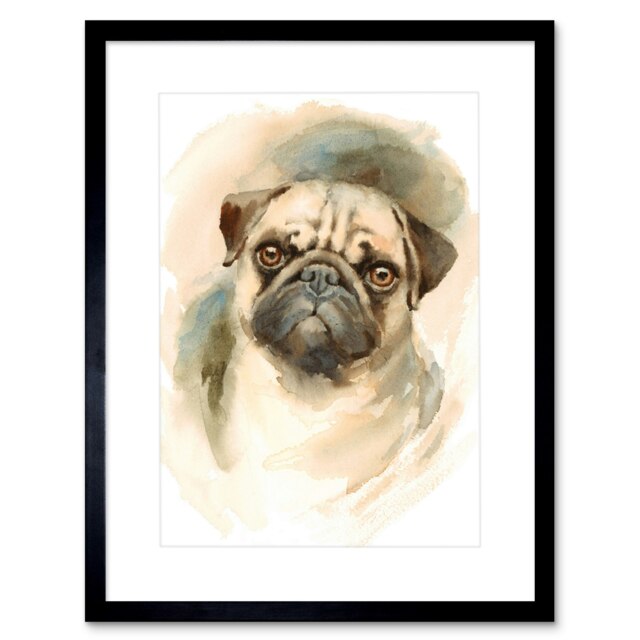 "Pug Pet Watercolour Animal Portrait Dog Lover Gift 9x7"" Black Framed Wall Art Print"