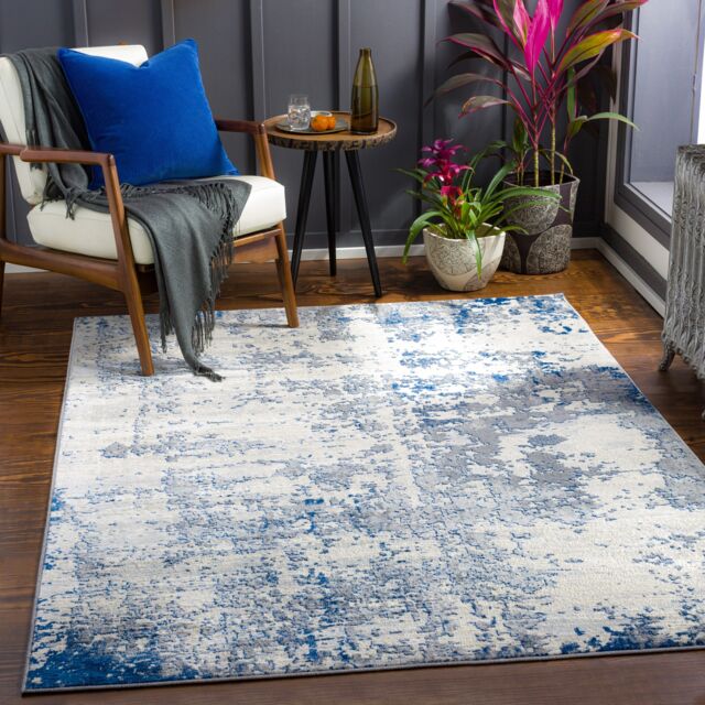 LIVABLISS Monaco-Abstract Modern Marble Rug 200 x 290 cm Blue Charcoal Grey