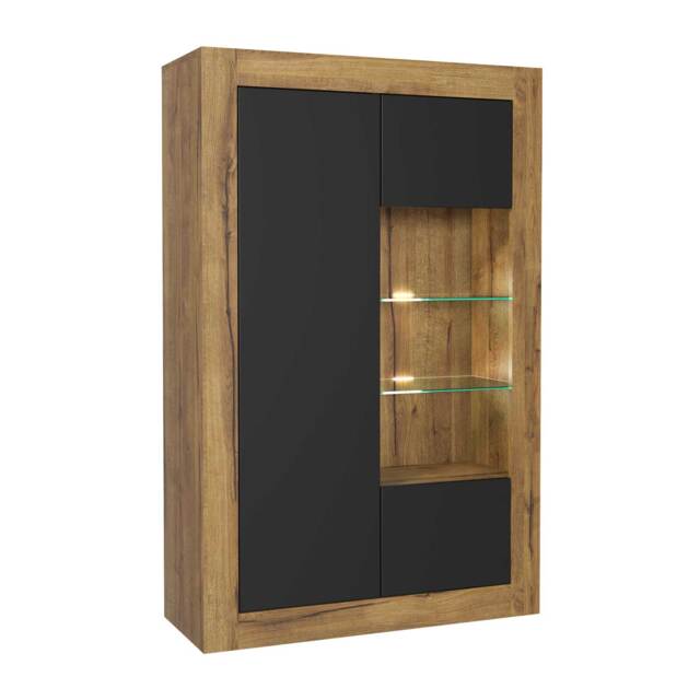 Display Cabinet Sideboard Storage Unit Oak Matt Body Black Matt Doors Glass Shelves Modern Cupboard 140cm