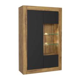 Display Cabinet Sideboard Storage Unit Oak Matt Body Black Matt Doors Glass Shelves Modern Cupboard 140cm