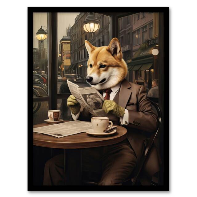 Shiba Inu Dog London Coffee Shop Cafe Newspaper Black Framed Wall Art Print A4