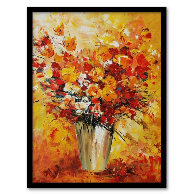 Autumn Flowers Floral Bouquet Oil Living Room Black Framed Wall Art Print A4