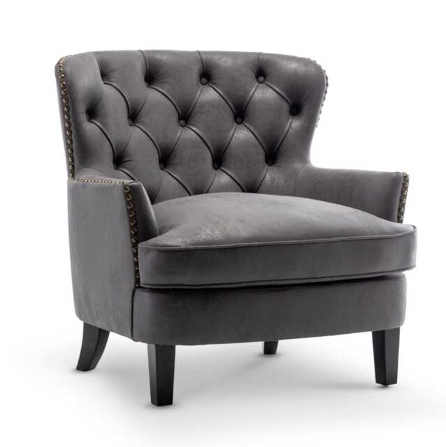 Faux Leather Suede Grey Buttoned Ava Accent Chair
