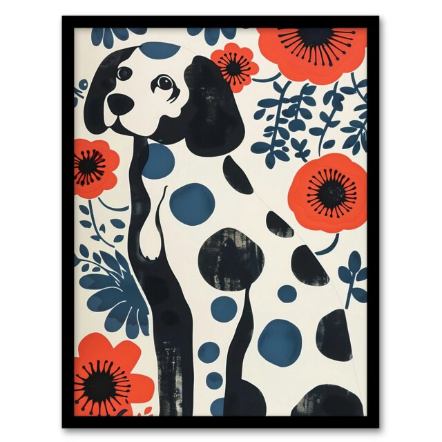 Dog Lover Dalmatian Abstract Floral Portrait Black Framed Wall Art Print A4