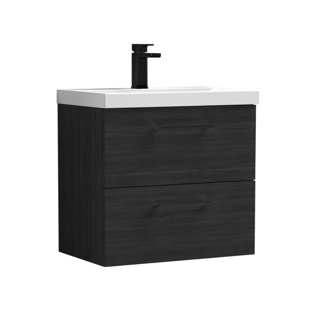 Balterley Wall Hung Bathroom 2 Drawer Vanity Unit and 1 Tap Hole Ceramic Basin, with Handles Black Charcoal Black