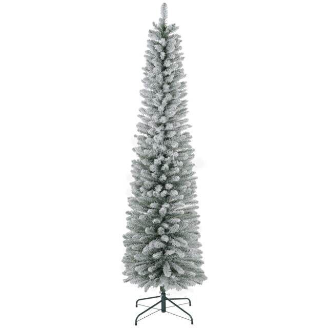 HOMCOM 7ft Artificial Pencil Christmas Tree with 405 Snow Flocked Branches, Metal Base, Realistic mas Tree, White