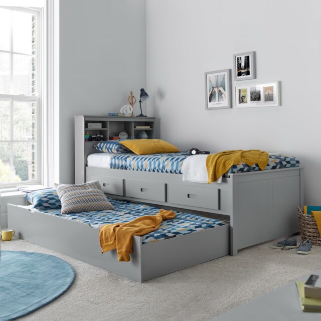 Veera Grey Guest Bed With Drawers And Trundle And Noah Memory Foam Mattresses