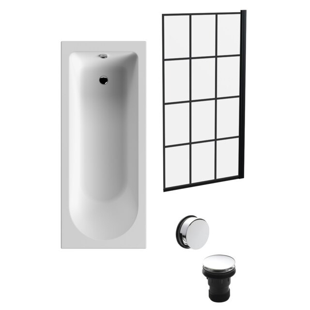 Round Single Ended Bath Tub, Black Framed Screen, Chrome Waste - 1700 x 700mm White