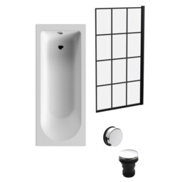 Round Single Ended Bath Tub, Black Framed Screen, Chrome Waste - 1700 x 700mm White