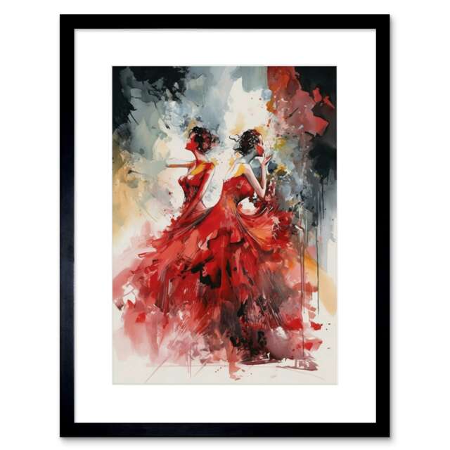 "Flamenco Music Female Dancers Dancing Stage Red Dresses 9x7"" Black Framed Wall Art Print"