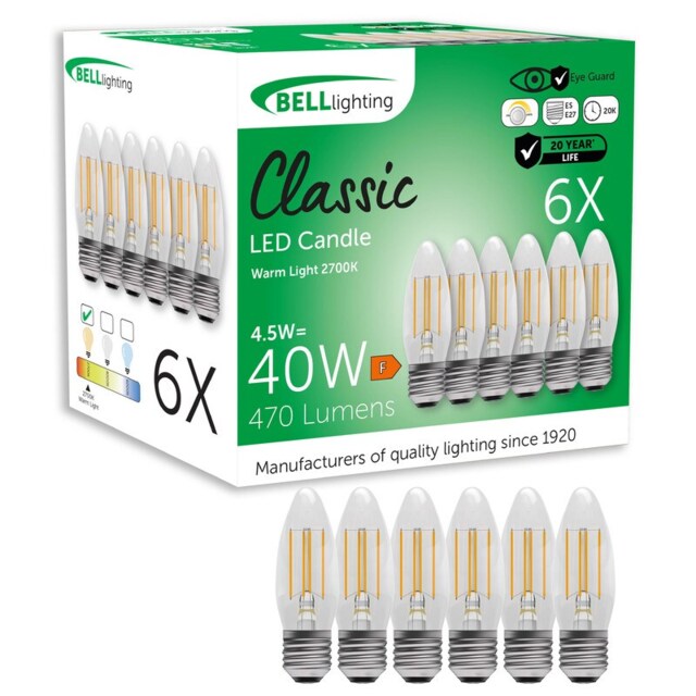 BELL Lighting E27 Screw Dimmable LED Filament Candle 4.5W Light Bulb White Warm White - 2700K 6