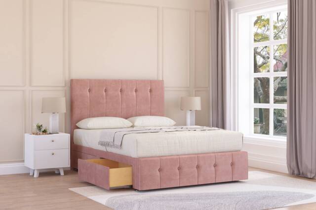 "Sloomy Cambridge Pink Plush Divan Bed With Mattress 2 Drawers Right Side With 26"" Strutted Headboard & 12"" Matching Footboard 5' King Pink Pink King 1"