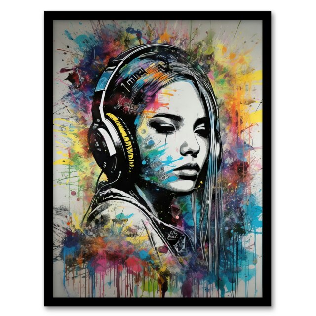 Music Girl Headphones Watercolour Grunge Emo Black Framed Wall Art Print A4