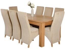 Dakota 182 x 92cm Oak Large Dining Table and 8 Lola Fabric Chairs Brown Beige