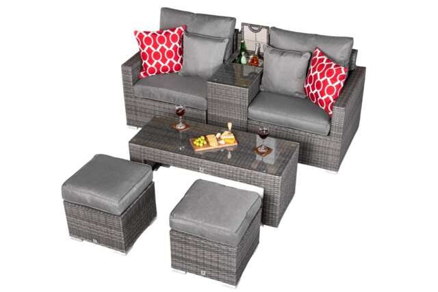 Havana 2 Seat Modular Sofa Rattan Garden Balcony Furniture Set Outdoor Drinks Cooler Table, Coffee Table & Stools Grey Grey Two Seater