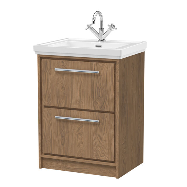 Balterley Longnor 2 Drawer Floor Standing Vanity Unit with 1 Tap Hole Traditional Fireclay Basin, Antique Oak, 600mm