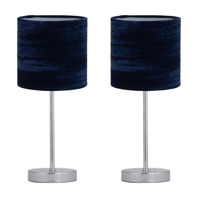 Set of 2 Chrome Touch Table Lamp with Navy Blue Crushed Velvet Shades Chrome Polished chrome plate and navy velvet 2