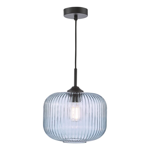Demarius Pendant Matt Black and Blue Ribbed Glass