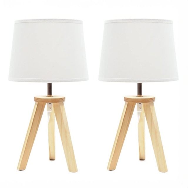 ValueLights Jackson Pair of Natural Wood Tripod Table Lamps with Shades and Bulbs