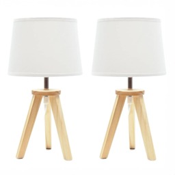 ValueLights Jackson Pair of Natural Wood Tripod Table Lamps with Shades and Bulbs