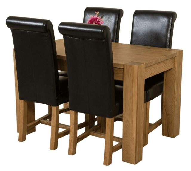 Kuba 125x80cm Chunky Oak Small Dining Table and 4 Washington Leather Chairs Black Black