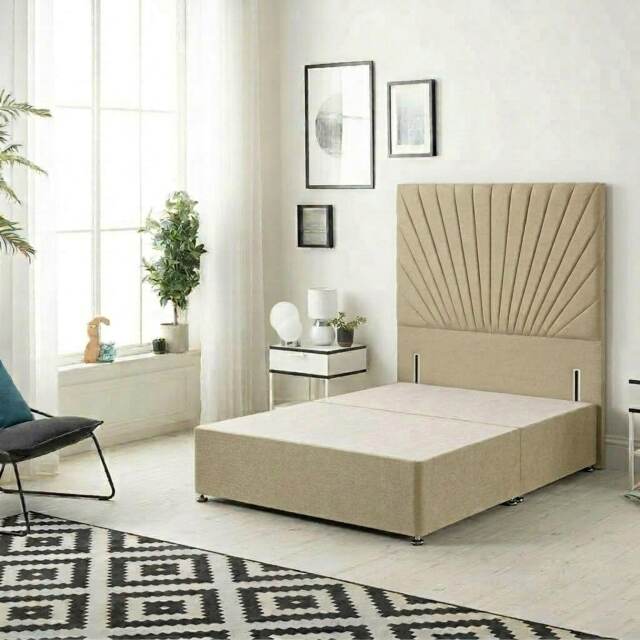 Sunburst Divan Bed with 54'' Floor Standing Headboard Linen Fabric Brown Wheat