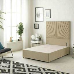 Sunburst Divan Bed with 54'' Floor Standing Headboard Linen Fabric Brown Wheat