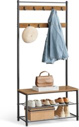 Hallway Coat Rack with Bench and Shoe Storage, Industrial Entryway Stand, Walnut Brown and Black