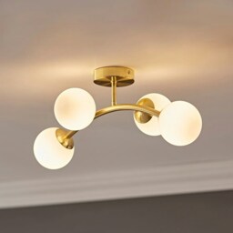 ValueLights Jas Gold 4 Way Ceiling Light with Opal White Frosted Glass Globe Shades and LED Bulbs Gold