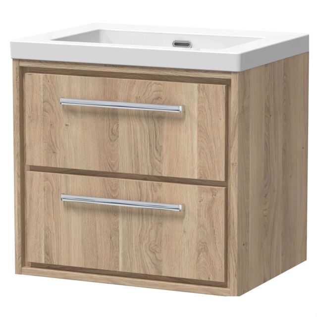 Balterley Longnor 2 Drawer Wall Hung Vanity Unit with 1 Tap Hole Modern Fireclay Basin, Light Oak, 600mm