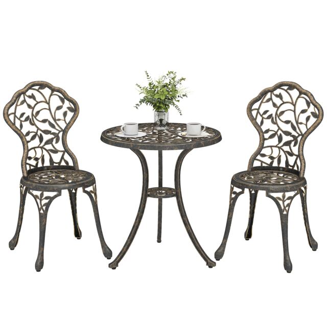Outsunny Aluminium Bistro Set Garden Coffee Table Chair Outdoor Dining Set Brown Antique bronze Table: 60cm diameter, 65cm height Chair: 40cm width, 45cm depth, 86cm height