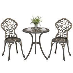 Outsunny Aluminium Bistro Set Garden Coffee Table Chair Outdoor Dining Set Brown Antique bronze Table: 60cm diameter, 65cm height Chair: 40cm width, 45cm depth, 86cm height