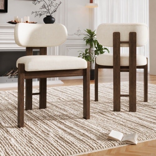 VILUXE Set of 2 Bouclé Dining Chairs with Solid Wood Frames, Padded Seats and Curved Backs, Beige and Walnut, 54 x 54 x 79cm