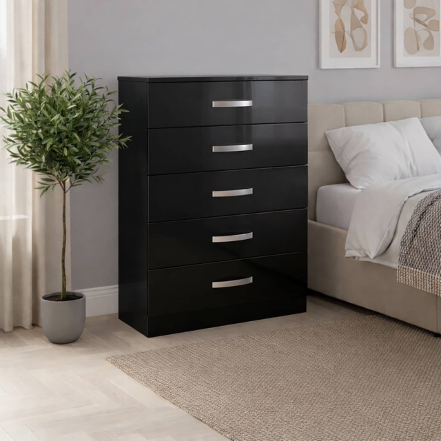 Vida Designs Hulio 5 Drawer Chest of Drawers High Gloss Bedroom Storage, Black